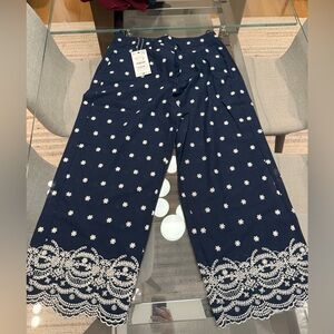 Zara Navy Cropped Pants with Embroidery. Never worn with tags. Fits size 10.